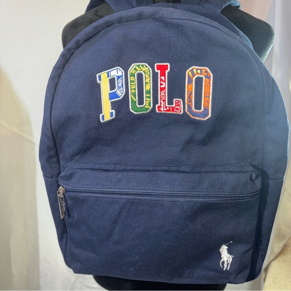 Polo Ralph Lauren Unisex Navy Backpack Patch Letter Logo Zip Pocket - Picture 1 of 6